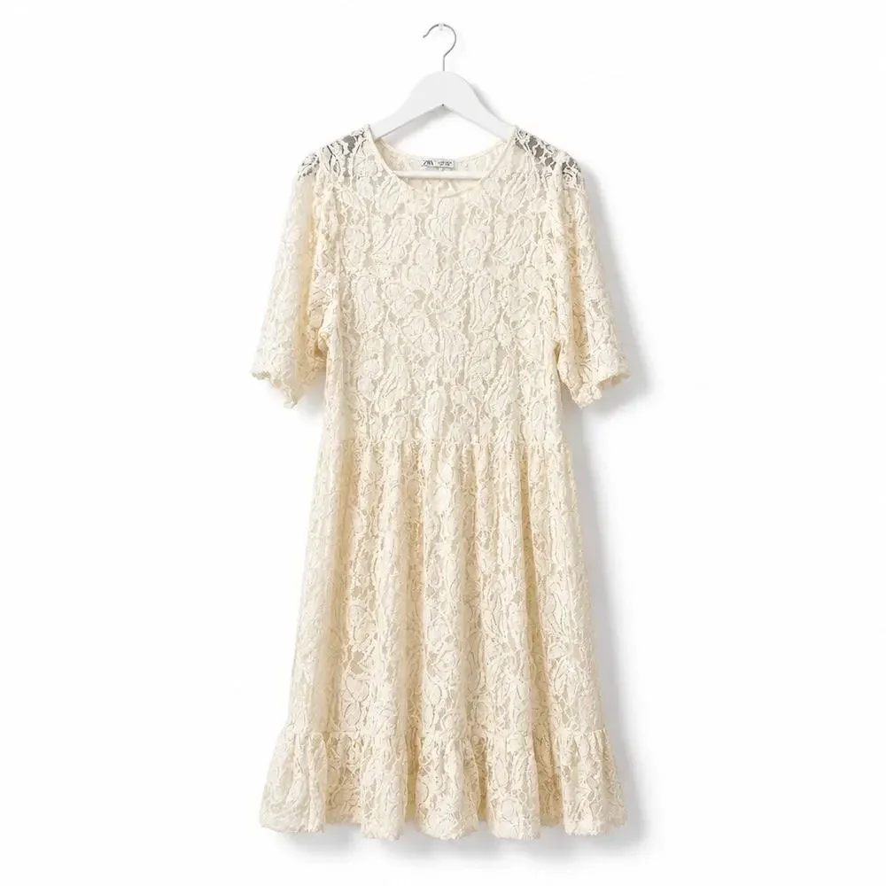 Zara Ivory Cream Allover Lace Dress Sz L Romantic Bridal Vintage Glamour Boho